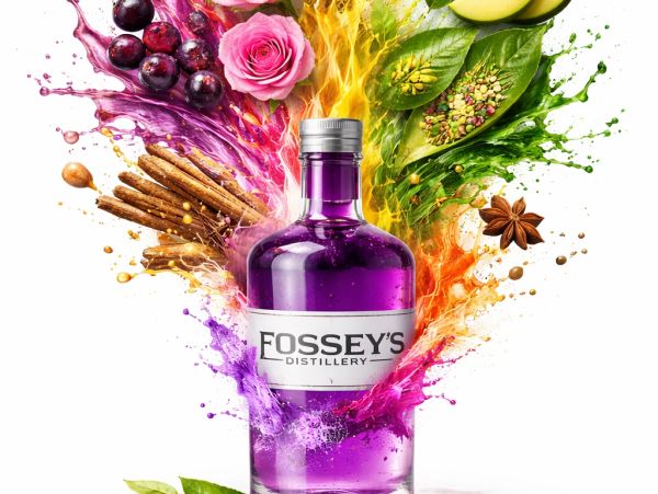 Purple bottle from Fossey's Distillery with vibrant splash of natural ingredients.