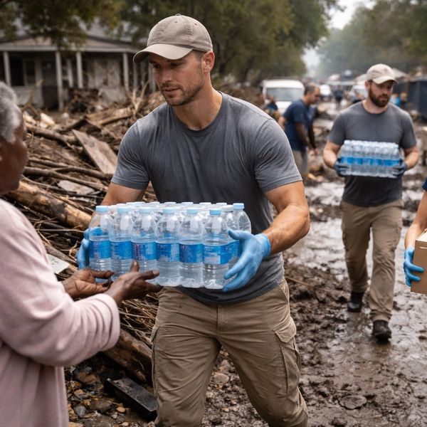 Volunteers distribute bottled water in a muddy disaster area.