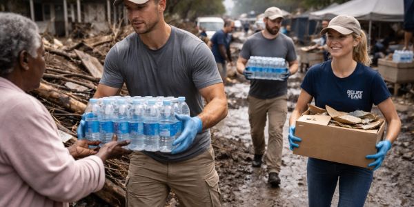 Volunteers distribute bottled water in a muddy disaster area.