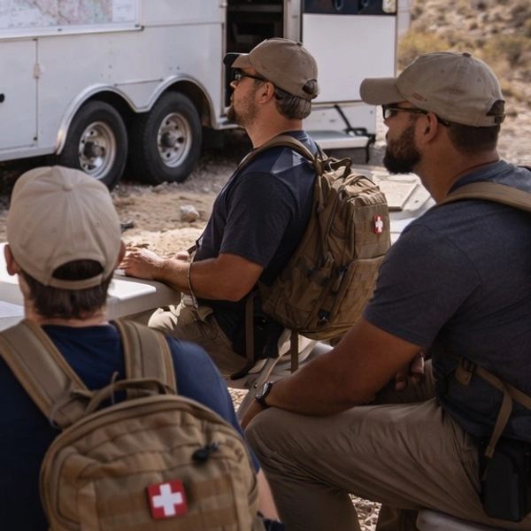 Three men with backpacks featuring red cross patches sit outdoors near a trailer.