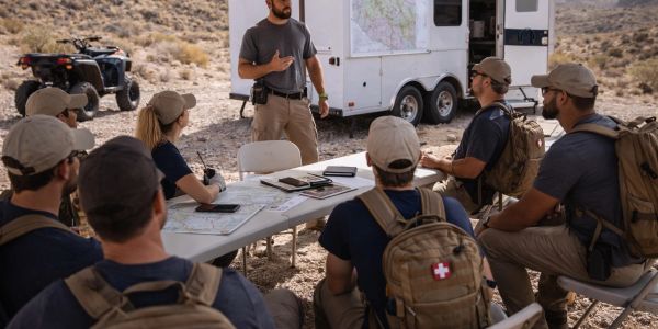 Three men with backpacks featuring red cross patches sit outdoors near a trailer.