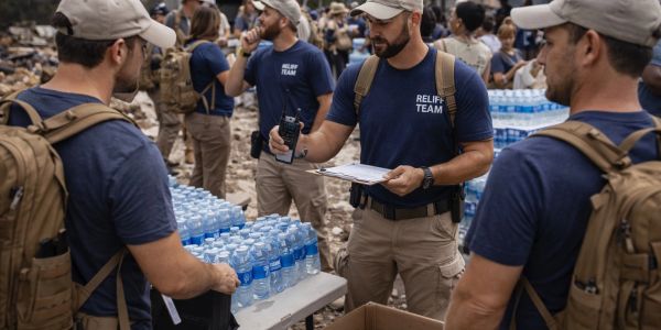 Man in relief team shirt using walkie-talkie and clipboard.