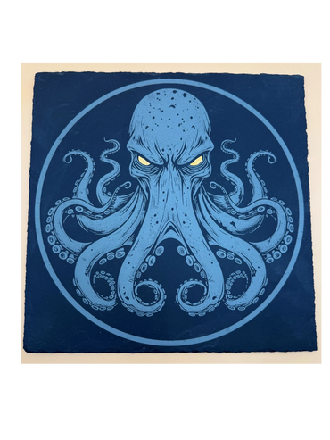 Octopus with Seedy Yellow Eyes engraved on Slate