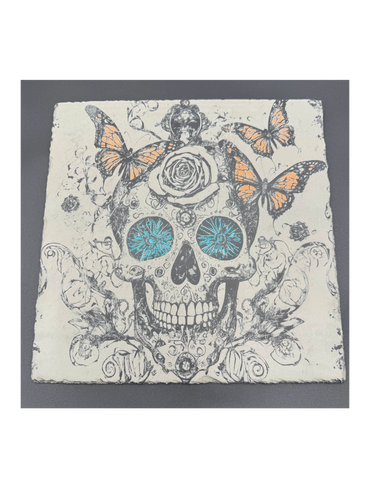 Steampunk sugar skull with blues, rose and monarch butterflies