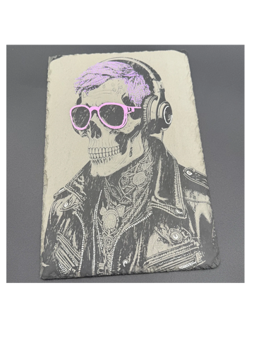 Skeleton with pink glasses, purple hair, headphones and leather jacket