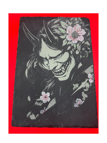 Hannya Mask with red and pink flowers