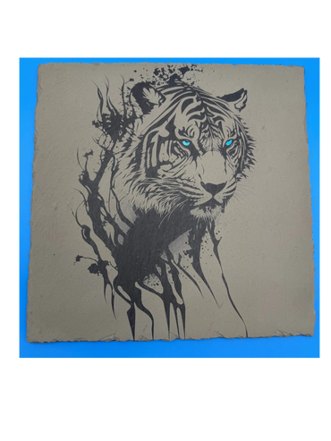 Tiger with blue eyes engraved on slate