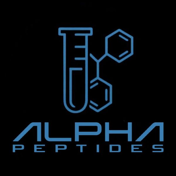 Logo of Alpha Peptides with a test tube and chemical structure.