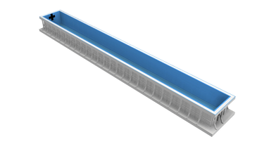 Long rectangular water channel with a blue interior and gray exterior.