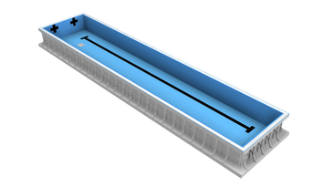 3D model of a rectangular container with a blue interior and a black measurement line.