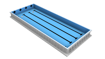 A 3D model of a rectangular swimming pool with lane markings and a ladder.