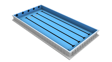 A rectangular blue swimming pool with lane markings and a surrounding border.