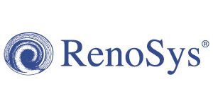 RenoSys logo with a swirling blue circular design and stylized text.