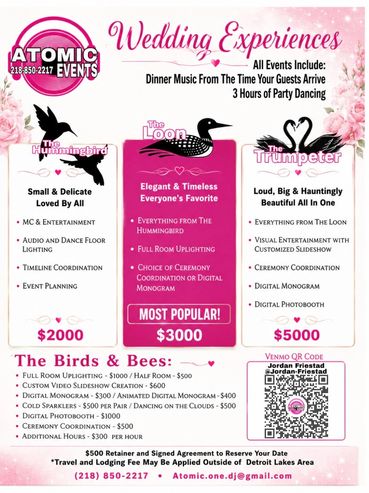 Wedding music packages from Atomic Events with three options, ranging from $2000 to $5000.