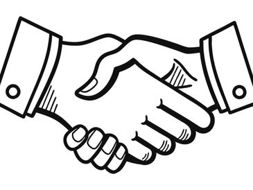 Black and white illustration of a handshake symbolizing agreement.