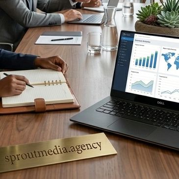 Business meeting with laptop displaying data charts and notebook on table.