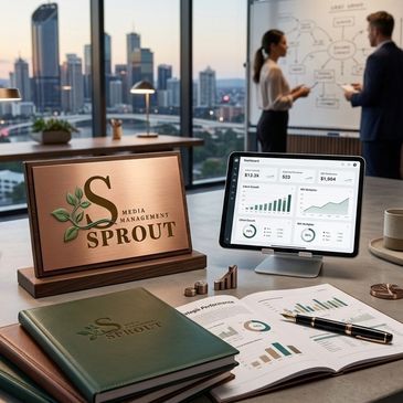 Office desk with media management branding and analytics on screen.
