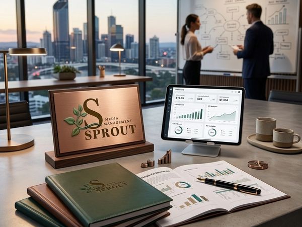 Modern office desk with Sprout Media Management branding and financial charts.