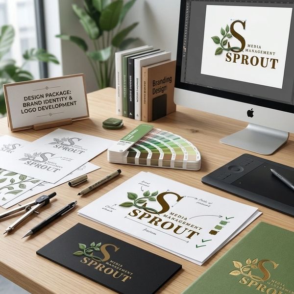 Workspace showcasing logo design and branding for Sprout Media Management.