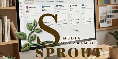 Sprout Media Management logo with a leafy design on a computer screen.