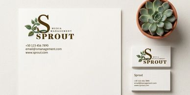 Elegant letterhead and business cards for Sprout Media Management with a succulent plant.