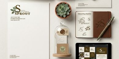 Branded stationery and digital design for Sprout, featuring a clean and elegant aesthetic.