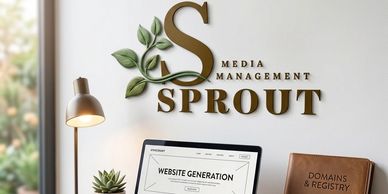 Office wall with 'Sprout Media Management' logo and workspace essentials.