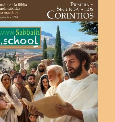 Hombre enseñando la Biblia a un grupo en un entorno antiguo.