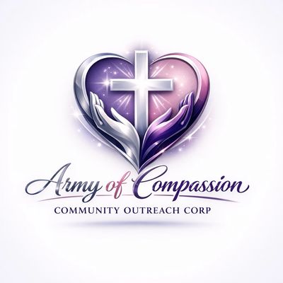 Logo with a cross, heart, and hands symbolizing compassion and faith.