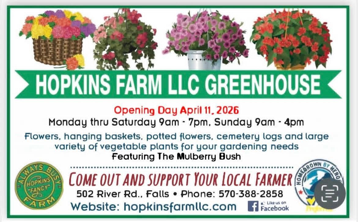 Hopkins Farm LLC Greenhouse offers flowers, hanging baskets, and vegetable plants with an opening on April 11, 2026.