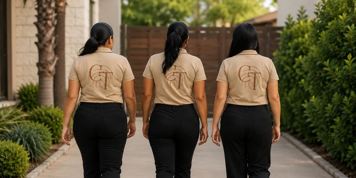 Three women walking away in matching uniforms outdoors.
