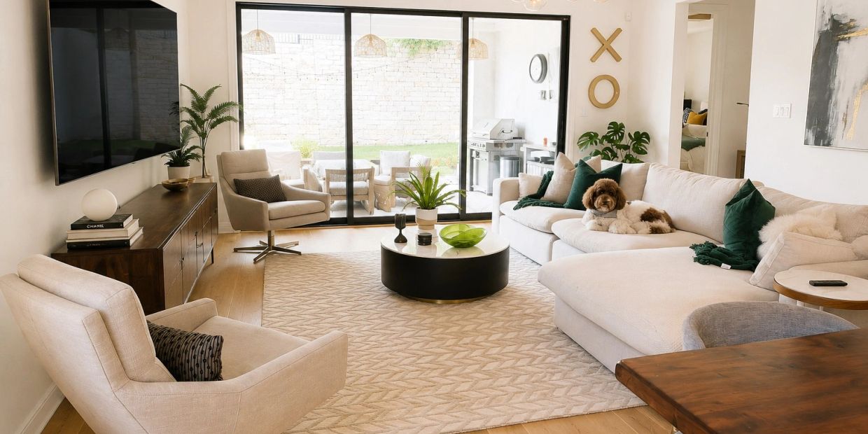 Cozy living room with modern furniture and a dog on the sofa.
