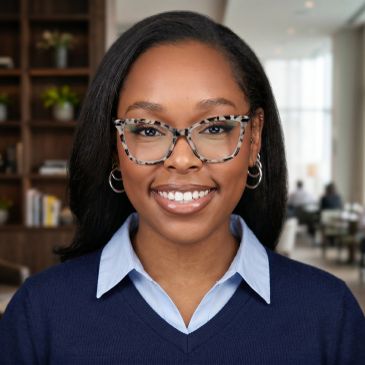 Professional woman smiling in an office setting with glasses and hoop earrings.