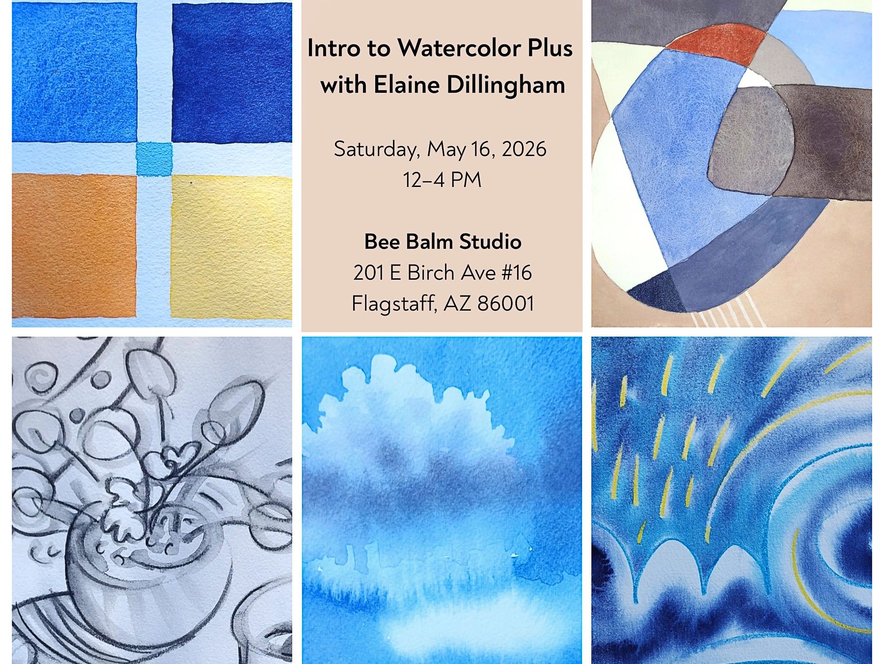 Watercolor workshop announcement with abstract and nature-inspired paintings.