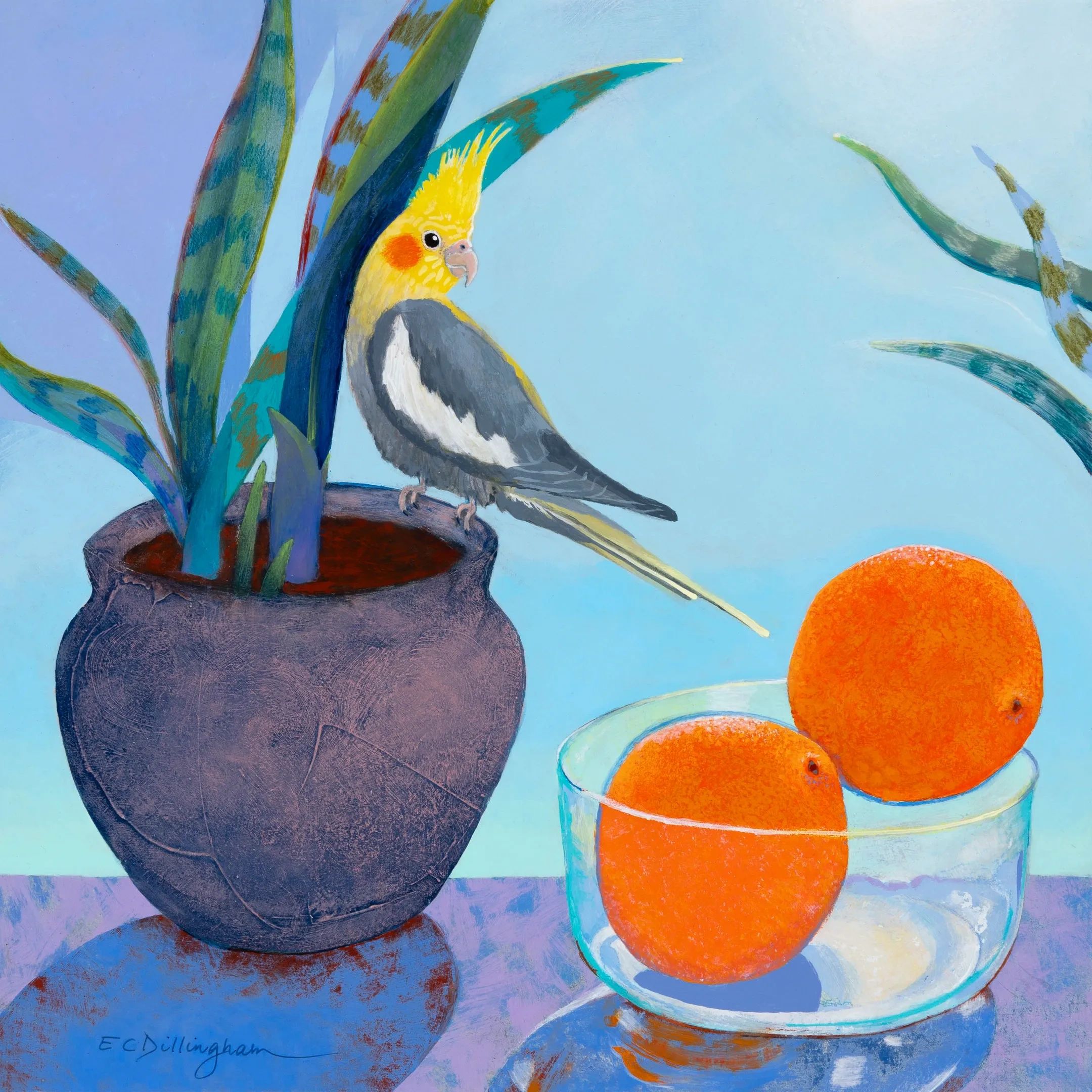 Colorful painting of a cockatiel perched on a plant pot beside oranges in a glass.