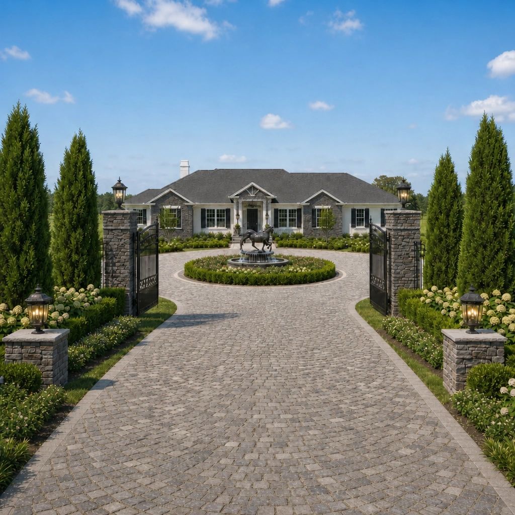 Elegant gated driveway leading to a luxurious house with a horse statue fountain.