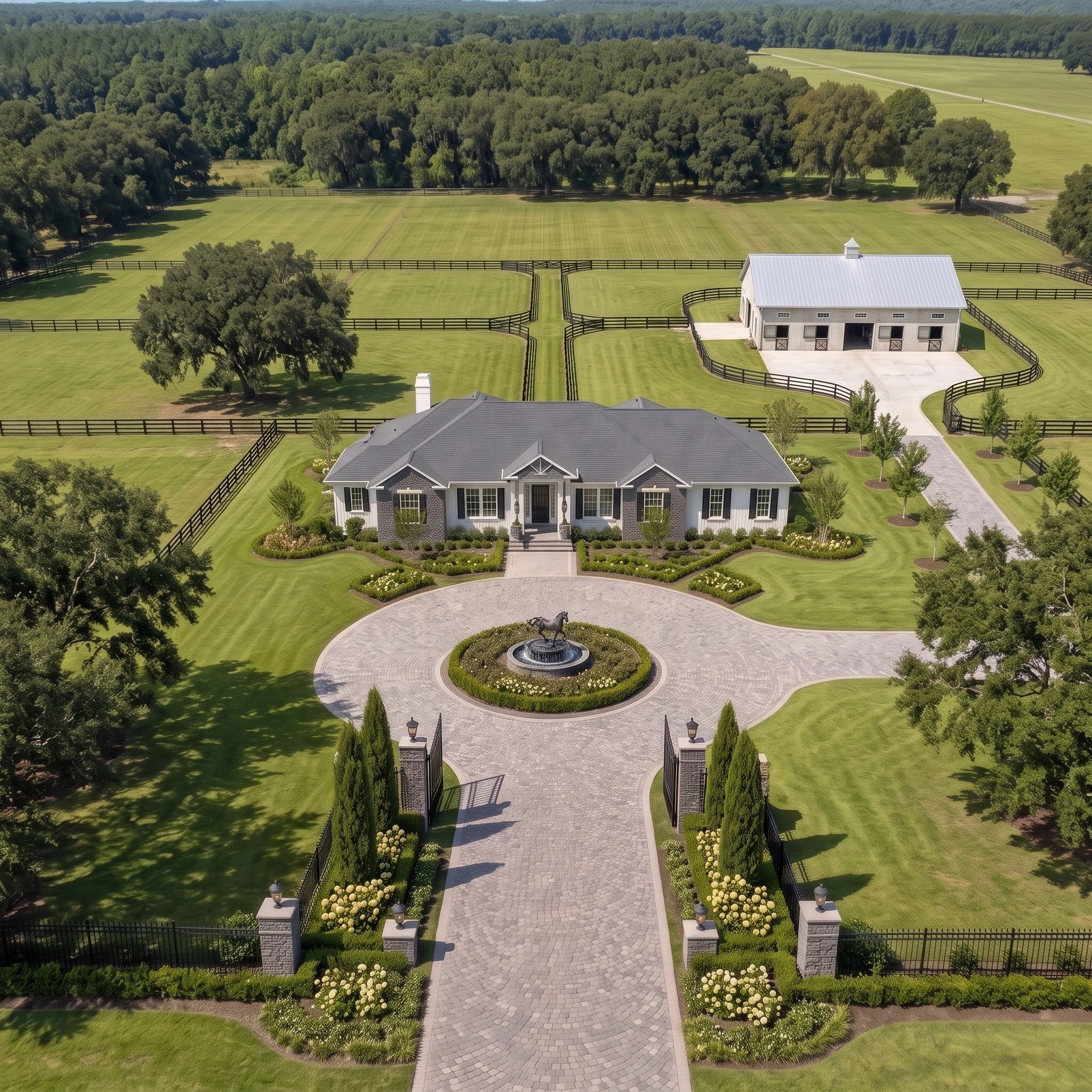 Luxury estate with gated entrance and horse statue fountain.