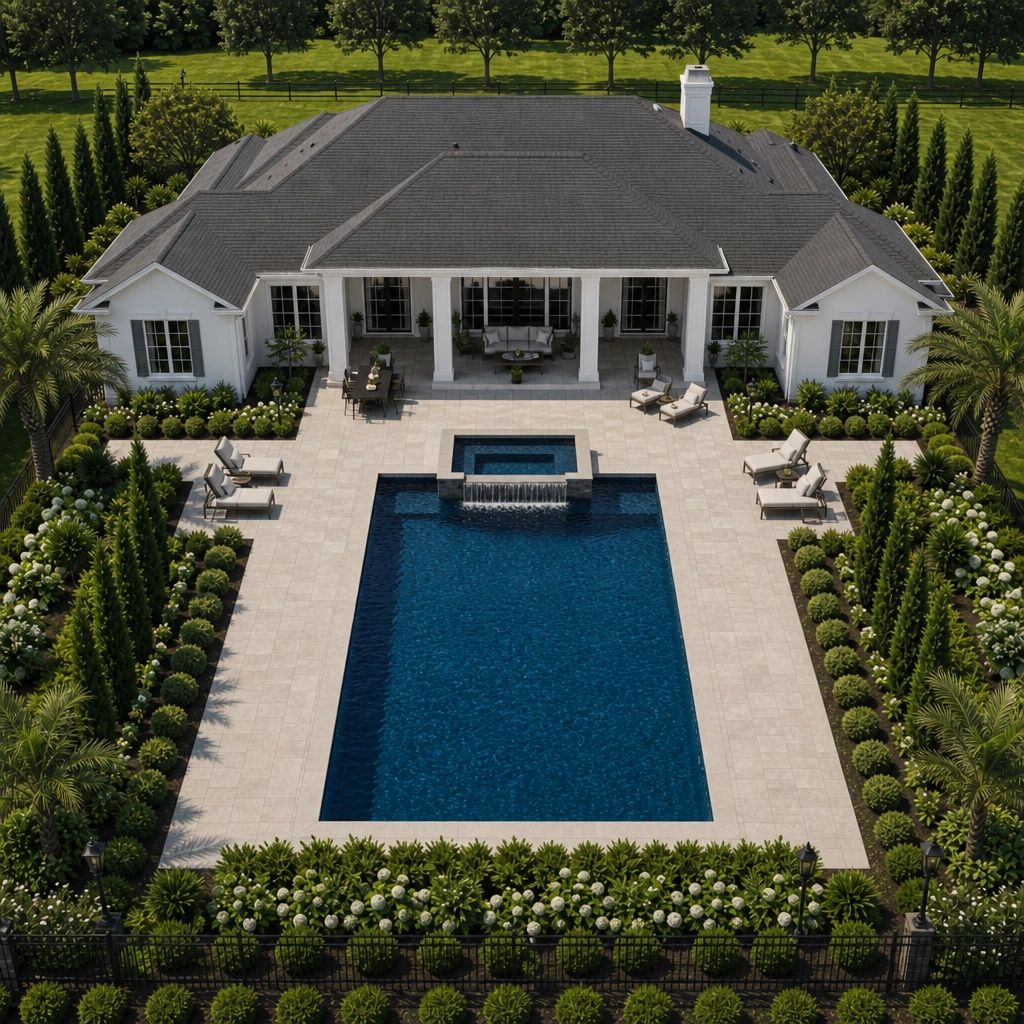 Luxurious backyard with a swimming pool and patio.