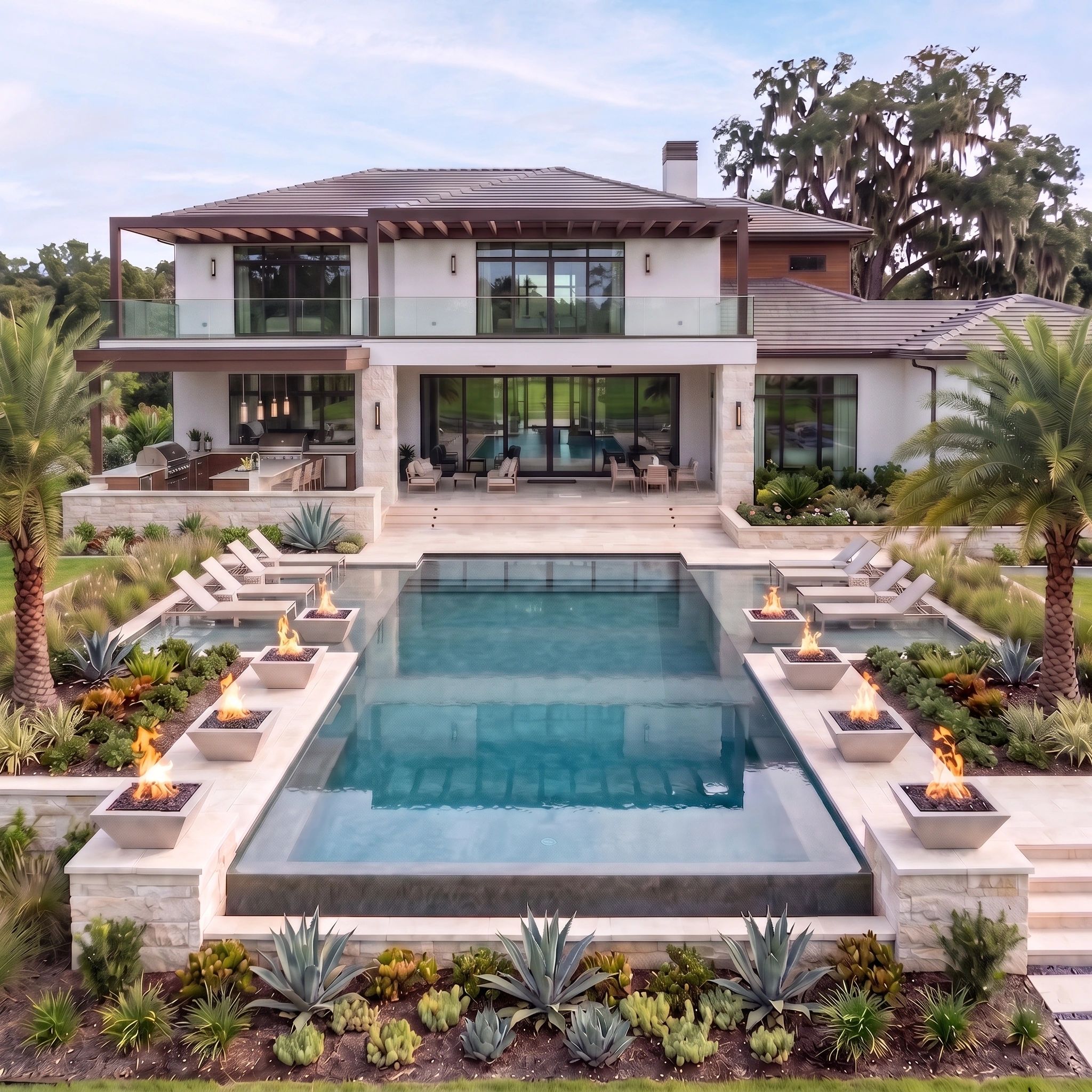 Modern house with pool and fire pits