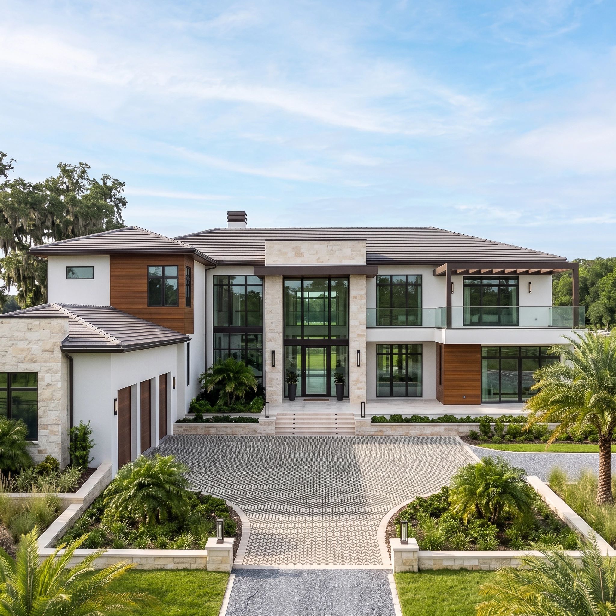 Modern luxury house with a stylish facade and lush landscaping.