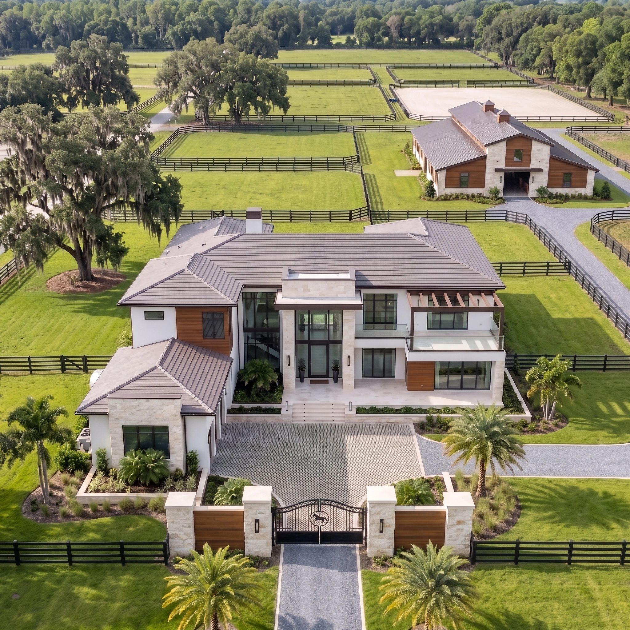 A large modern mansion with a gated driveway and expansive green lawns.
