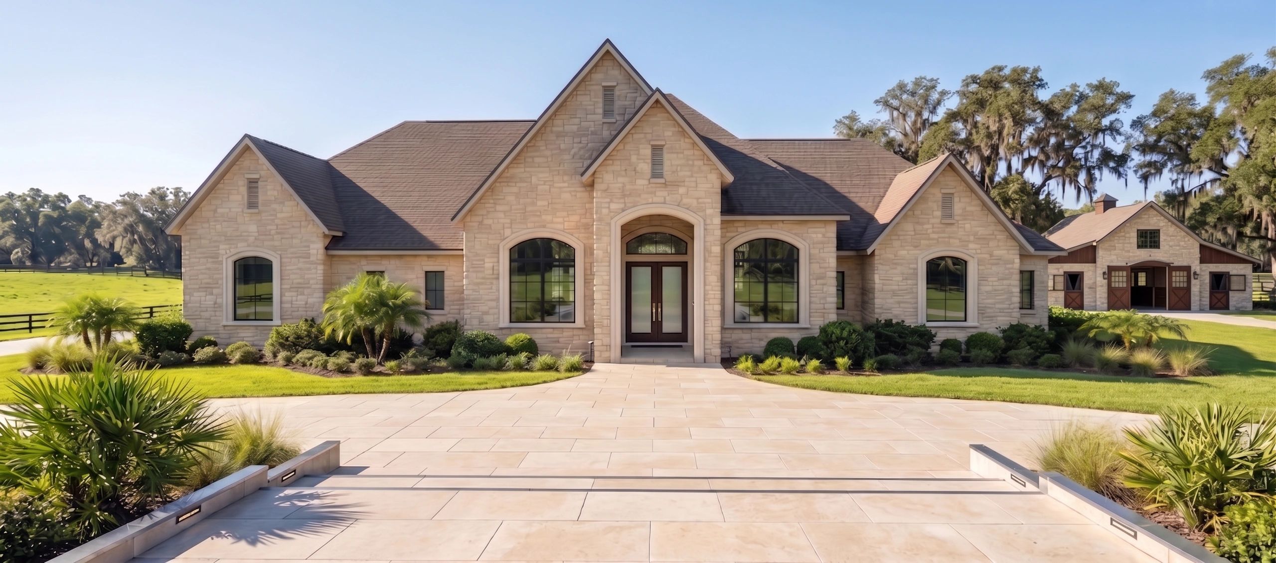 Luxury stone house with a spacious driveway and manicured landscaping.
