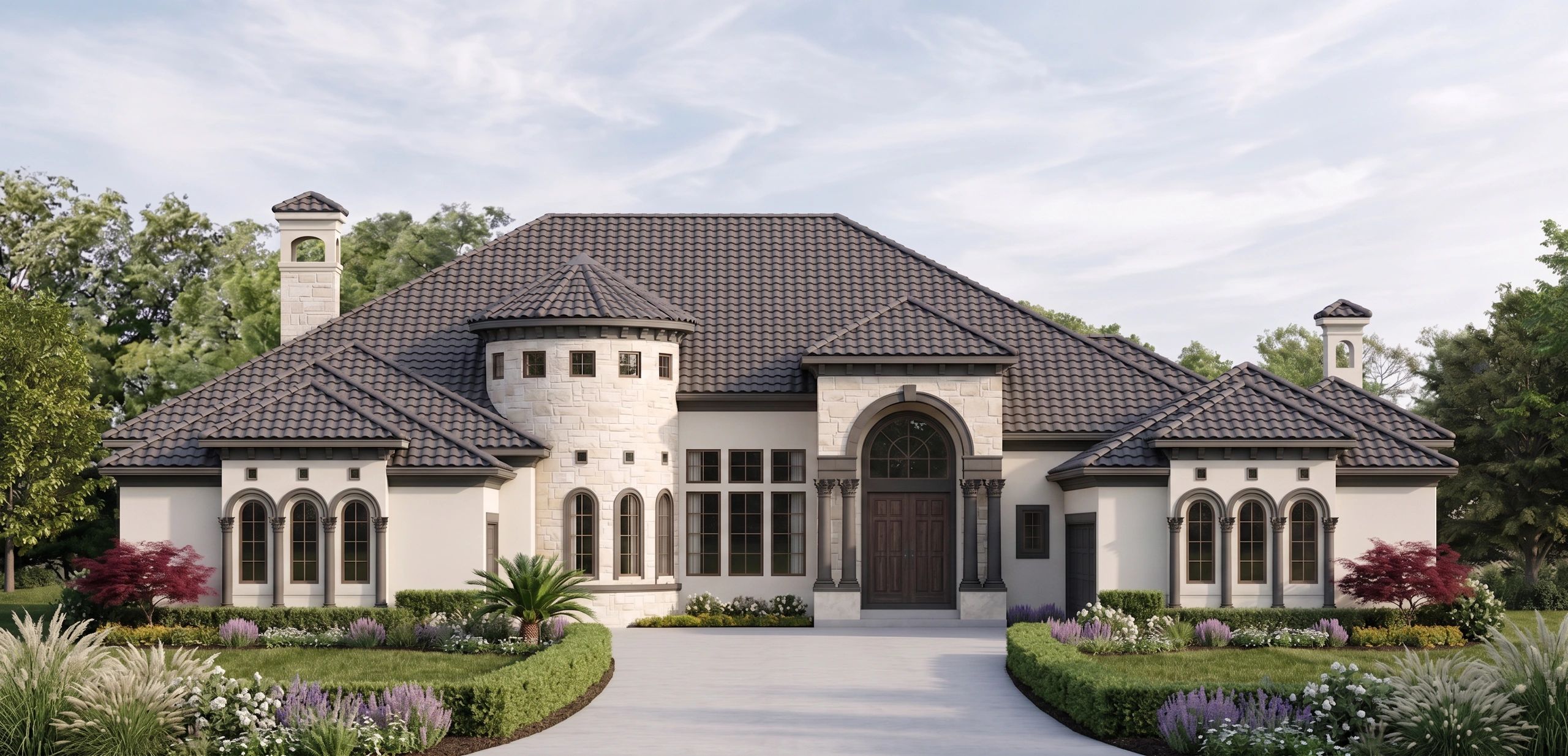 Elegant large house with tiled roof and well-maintained garden.