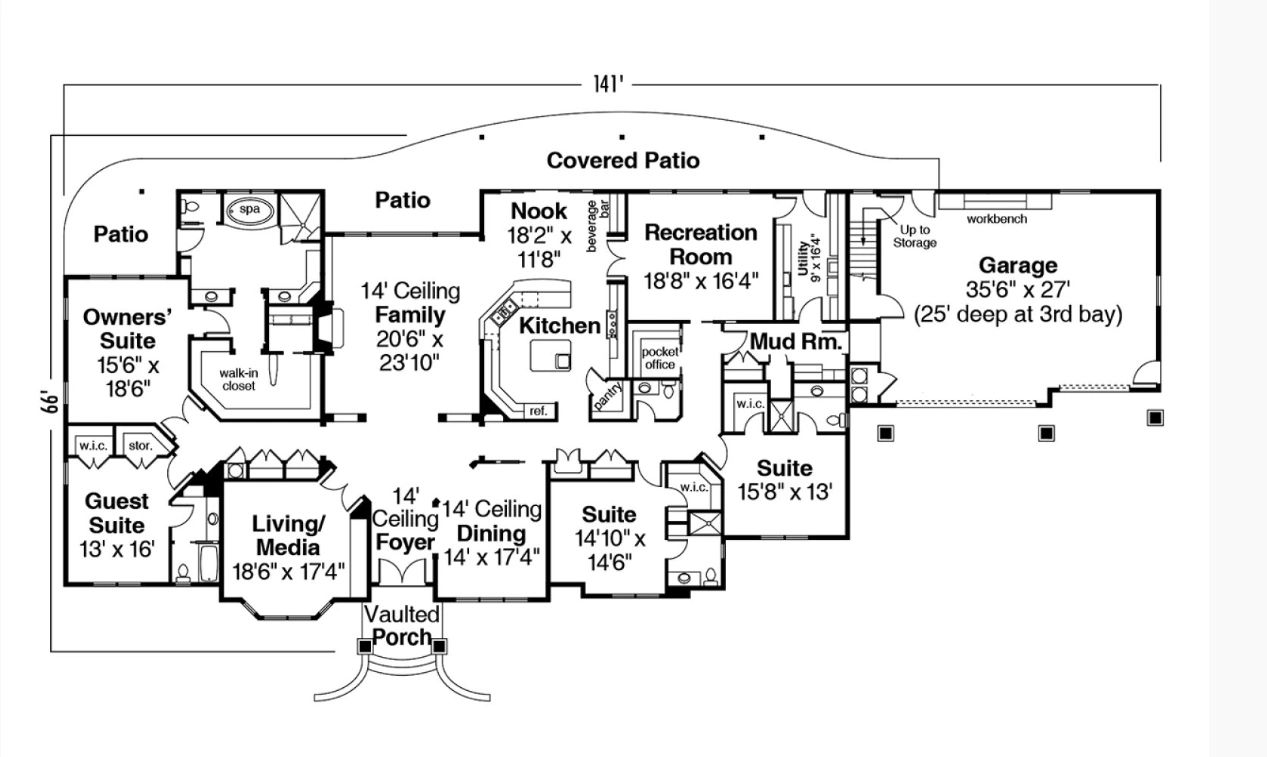 Detailed floor plan of a house with multiple suites and living areas.