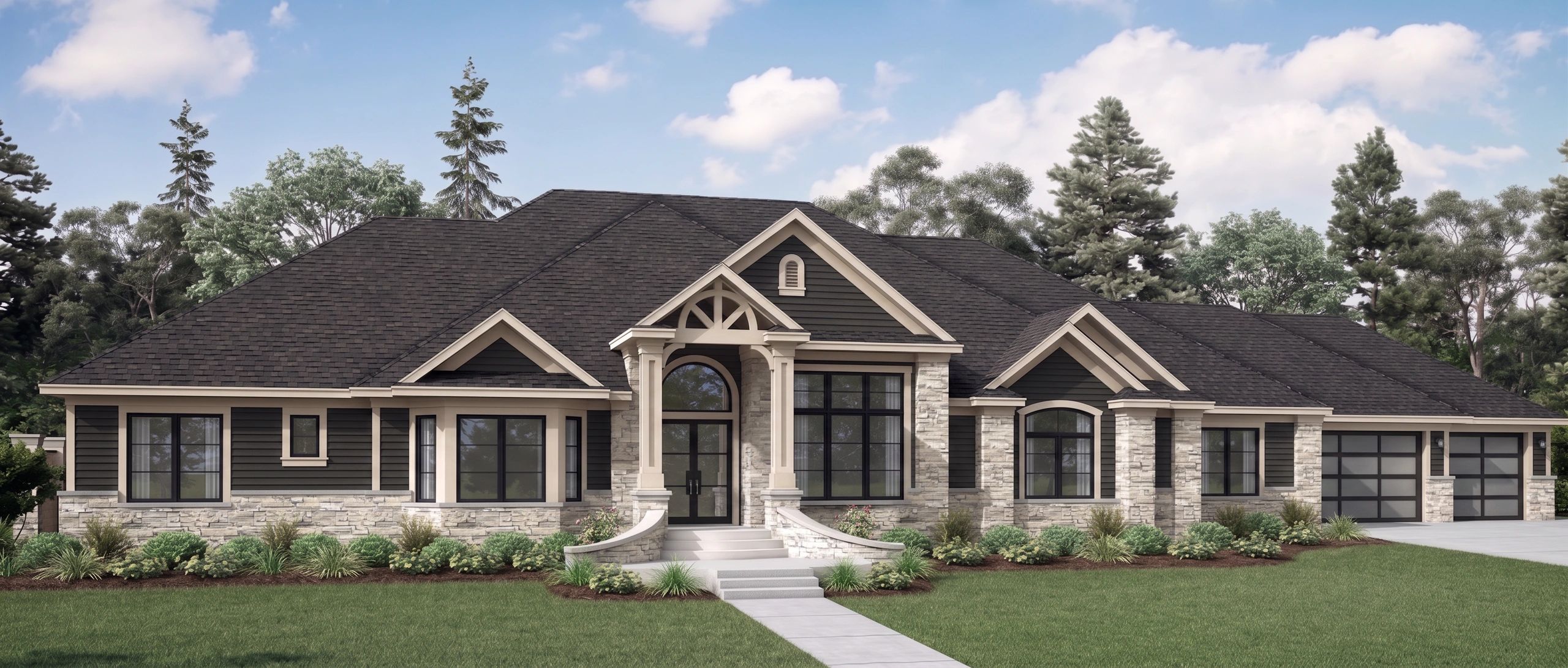 Large elegant single-story house with stone and siding exterior.