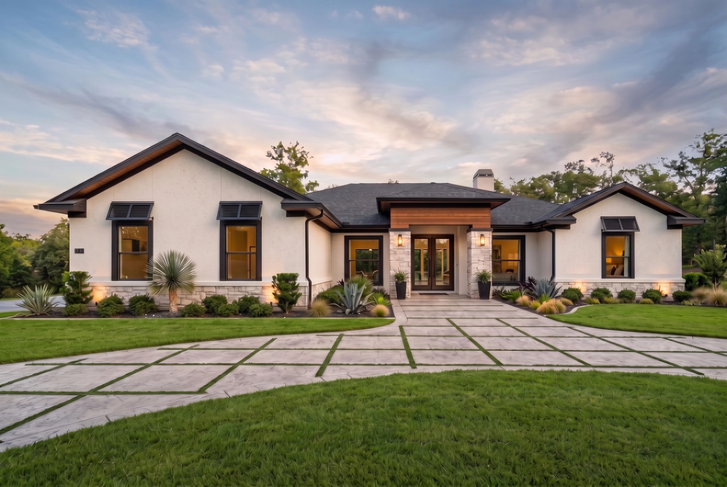 Modern suburban house with well-kept lawn and driveway.