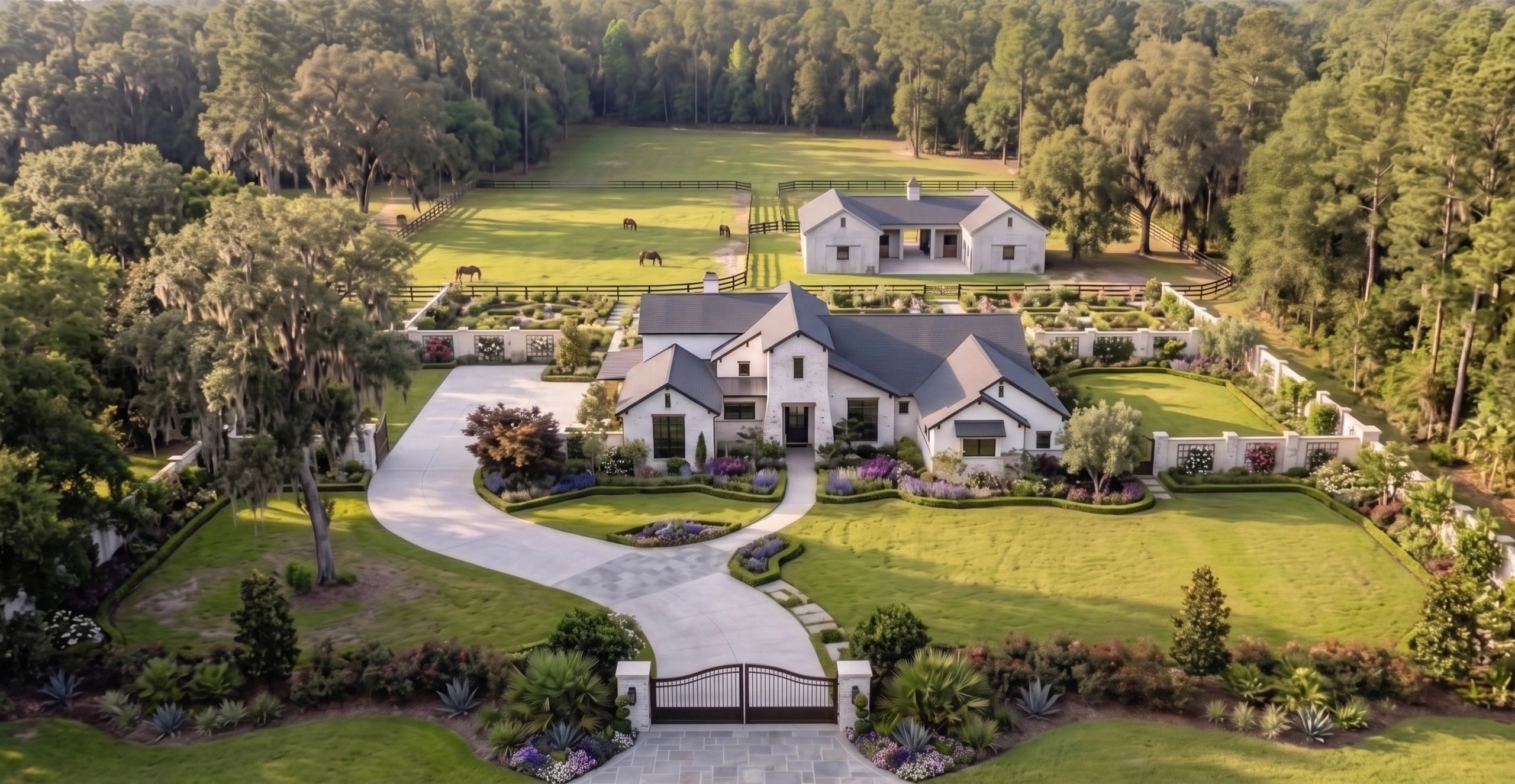 Luxurious estate with house, horse paddocks, and lush gardens.