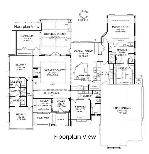 Detailed single-story house floorplan with multiple bedrooms and a garage.