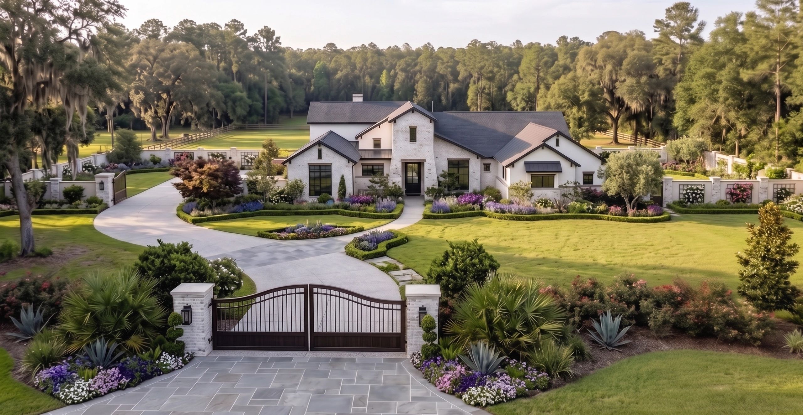 Large modern farmhouse with manicured gardens and gated entrance.