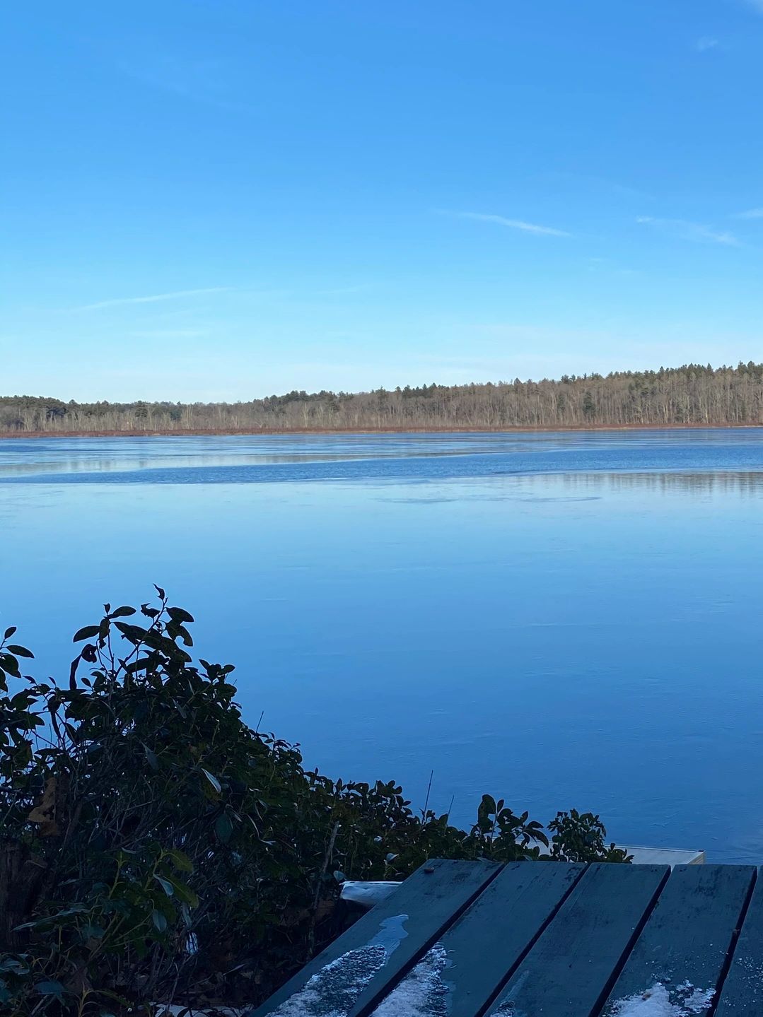 view from the top of a staircase over the cold lake with tree line in the distance